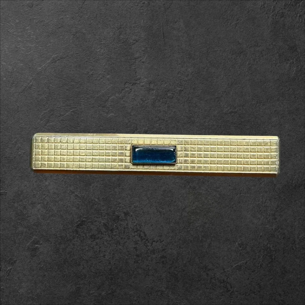 Swank Tie Clip Gold Tone‎ w/Blue Glass Cabochon Vintage Grid Textured MCM